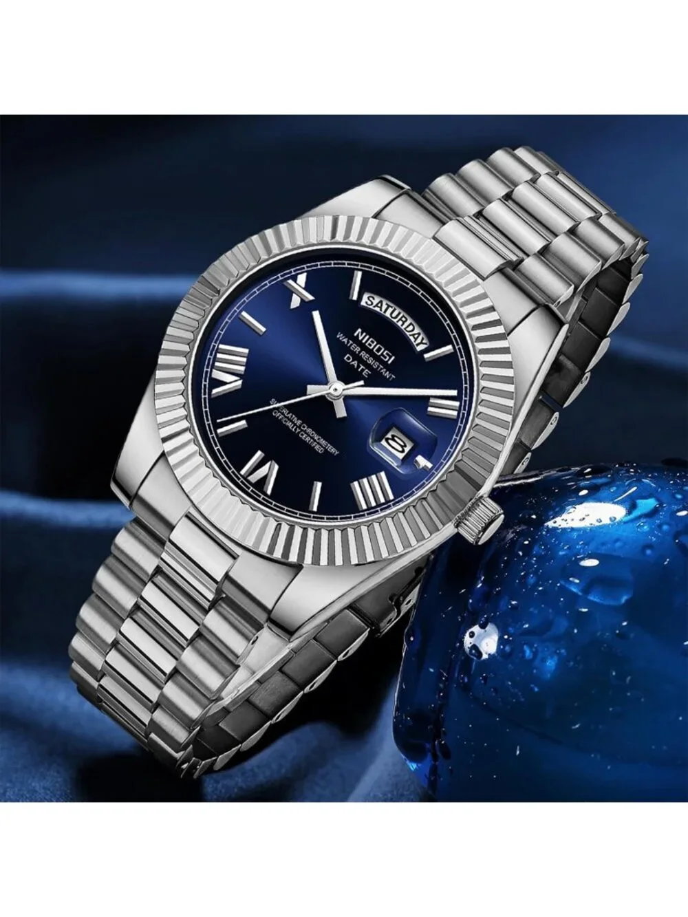 Nibosi Men's Silver Blue Analog Quartz Stainless Waterproof Desiger Wrist Watch